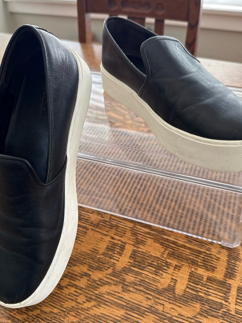 Vince Black Leather Slip-On Platform Sneakers with White Sole